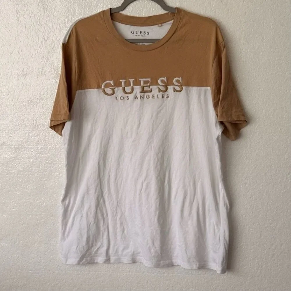 Guess Los Angeles Colorblock T-Shirt Mens XL Beige White Embroidered Logo - Picture 3 of 10